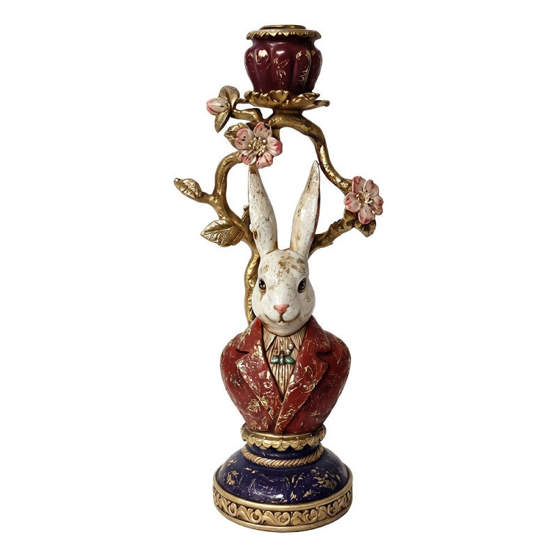 Barock-Kerzenständer Hase im Frack Bordeaux-Blau-Gold 14x11x31 cm Polyresin für Stabkerzen von Clayre & Eef (6PR6227)