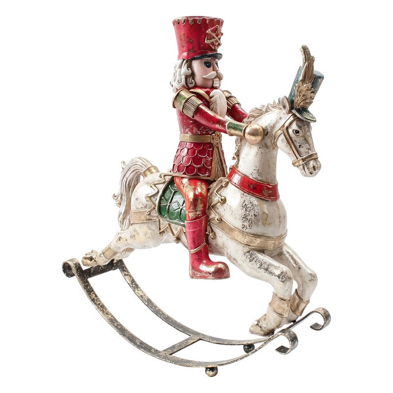 Nostalgische Weihnachtsfigur Nussknacker auf Schaukelpferd Rot-Weiß Polyresin 32x10x35 cm von Clayre & Eef (6PR6230)
