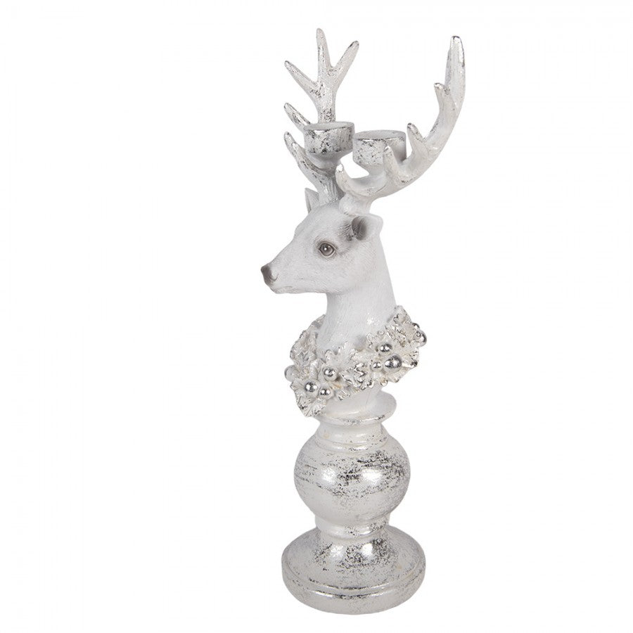 2-flammiger Polyresin-Kerzenständer Rentierbüste Weiß-Silber 17x11x38 cm für Stabkerzen von Clayre & Eef (6PR6307)