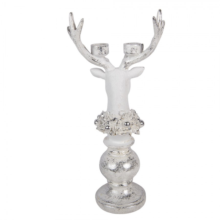2-flammiger Polyresin-Kerzenständer Rentierbüste Weiß-Silber 17x11x38 cm für Stabkerzen von Clayre & Eef (6PR6307)