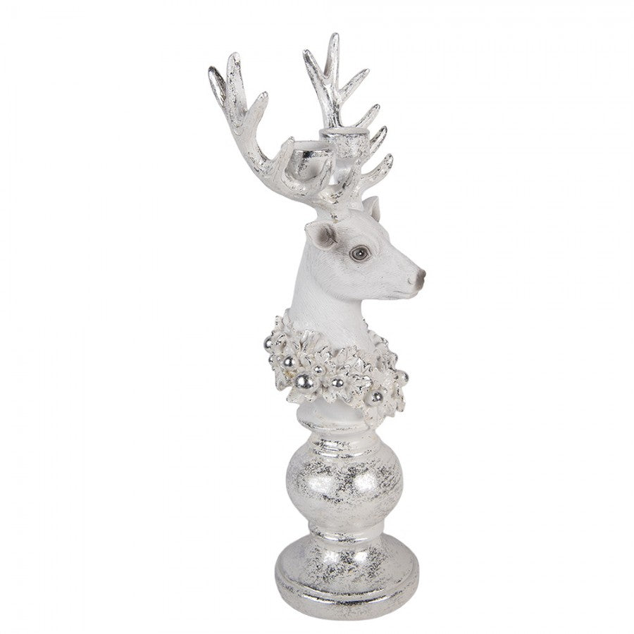 2-flammiger Polyresin-Kerzenständer Rentierbüste Weiß-Silber 17x11x38 cm für Stabkerzen von Clayre & Eef (6PR6307)