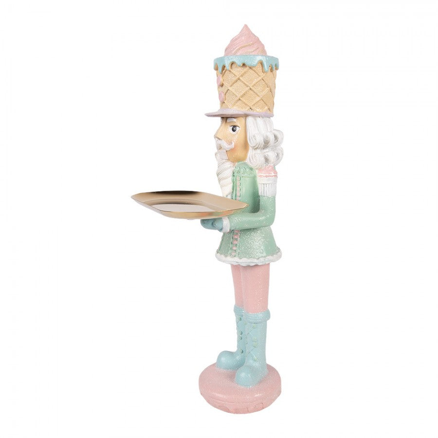 Pastell-Weihnachtsfigur Candyland Nussknacker-Butler mit Tablett Rosa-Mint Polyresin 18x16x41 cm von Clayre & Eef (6PR6312)