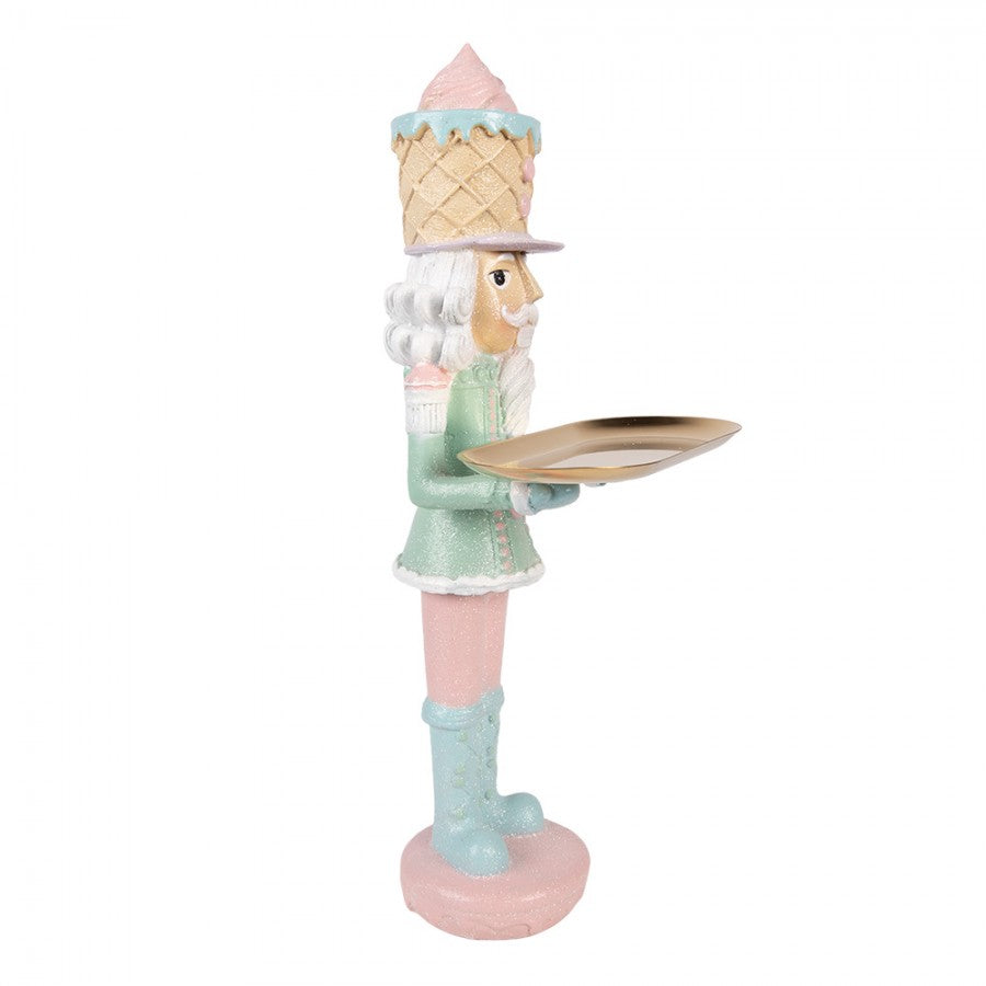 Pastell-Weihnachtsfigur Candyland Nussknacker-Butler mit Tablett Rosa-Mint Polyresin 18x16x41 cm von Clayre & Eef (6PR6312)