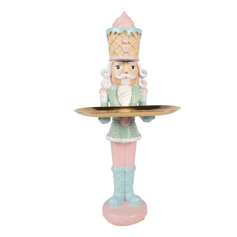 Pastell-Weihnachtsfigur Candyland Nussknacker-Butler mit Tablett Rosa-Mint Polyresin 18x16x41 cm von Clayre & Eef (6PR6312)