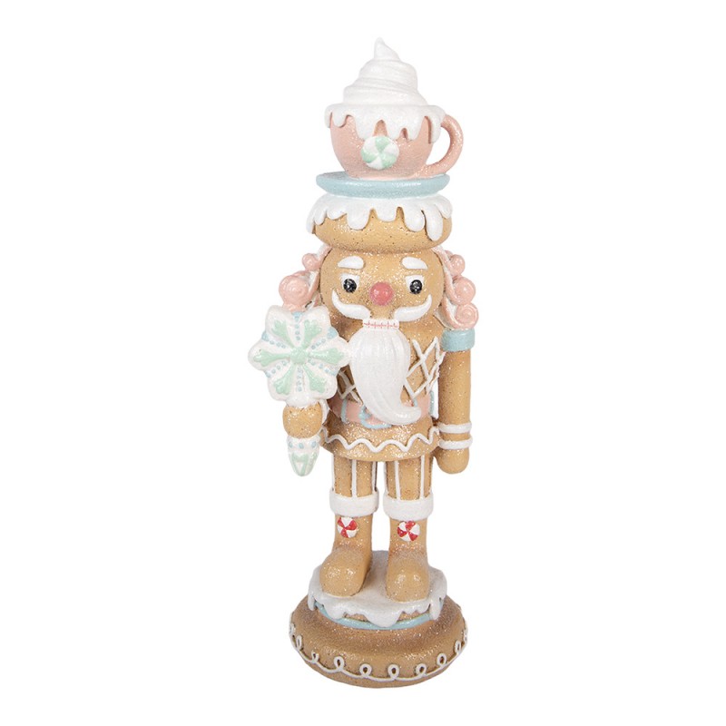 Pastell-Weihnachtsfigur Lebkuchen-Nussknacker mit Kakaotasse Braun-Pastell Polyresin 11x11x32 cm von Clayre & Eef (6PR6353)