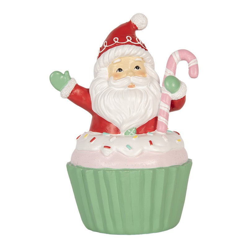 Clayre & Eef Dekofigur „Weihnachtsmann im Muffin-Zuckerstange “ aus Polyresin in Rot-Grün, 10x8x14 cm (6PR6358)