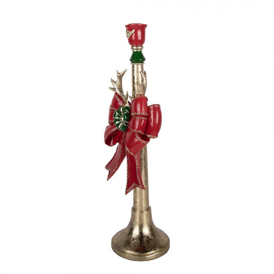Prunkvoller Polyresin-Kerzenständer Hirschgeweih & Rote Schleife Goldfarben 15x12x45 cm für Stabkerzen von Clayre & Eef (6PR6380)