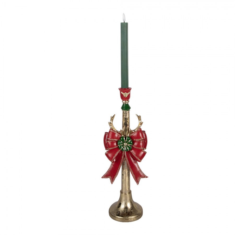 Prunkvoller Polyresin-Kerzenständer Hirschgeweih & Rote Schleife Goldfarben 15x12x45 cm für Stabkerzen von Clayre & Eef (6PR6380)
