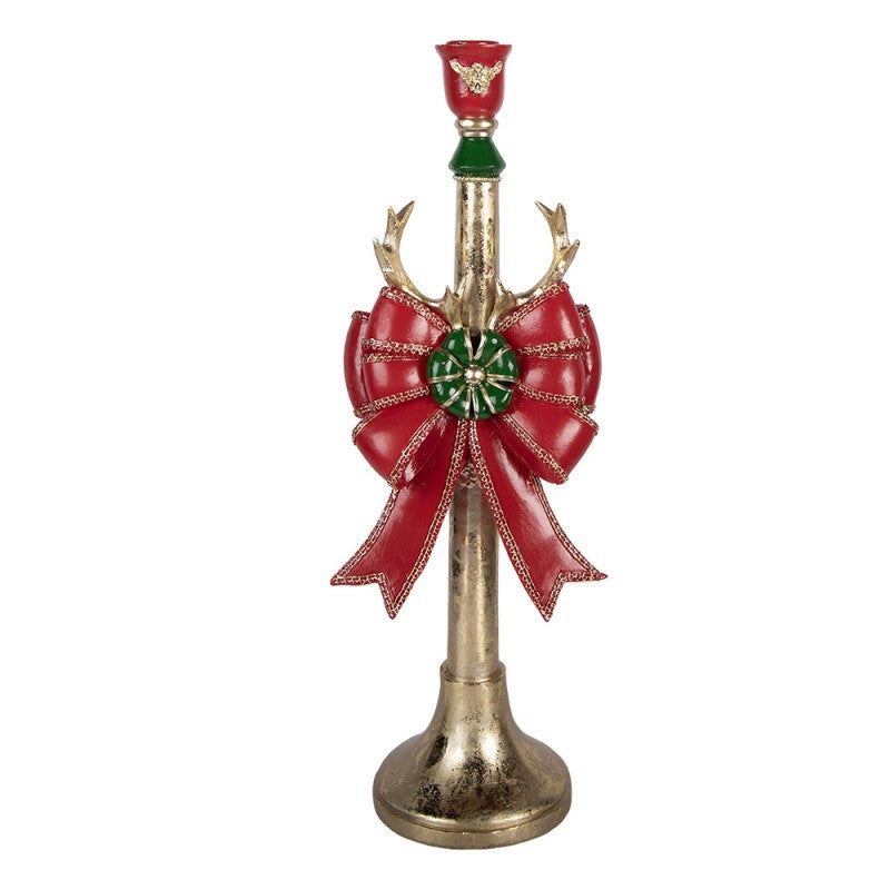 Prunkvoller Polyresin-Kerzenständer Hirschgeweih & Rote Schleife Goldfarben 15x12x45 cm für Stabkerzen von Clayre & Eef (6PR6380)