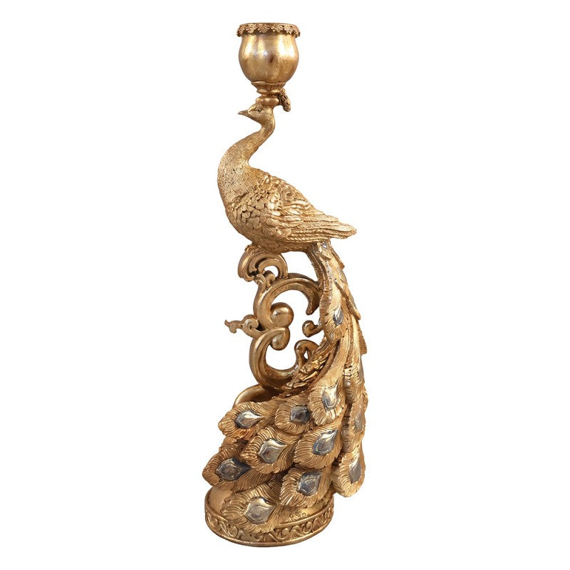 Barock-Kerzenständer Pfau mit Federschleppe Antikgold 15x11x40 cm Polyresin für Stabkerzen von Clayre & Eef (6PR6410)