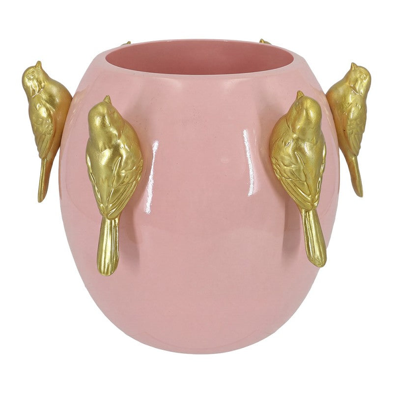 Clayre & Eef Blumentopf „Barock-Pokal“ mit Vögeln aus Polyresin in rosa, 18x18x17 cm (6PR6445)
