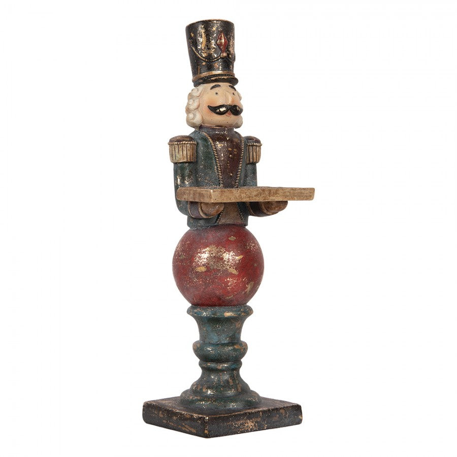 Nostalgische Weihnachtsfigur Nussknacker-Butler auf Kugel mit Tablett Rot-Petrol Polyresin 10x9x29 cm von Clayre & Eef (6PR6453)