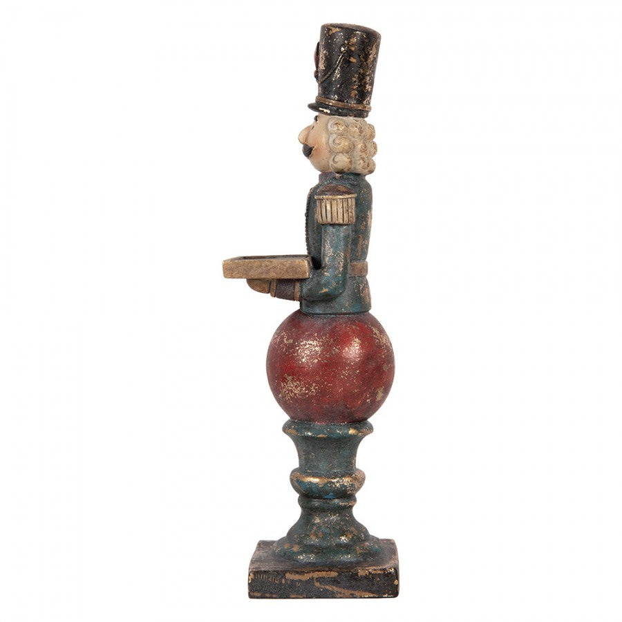 Nostalgische Weihnachtsfigur Nussknacker-Butler auf Kugel mit Tablett Rot-Petrol Polyresin 10x9x29 cm von Clayre & Eef (6PR6453)