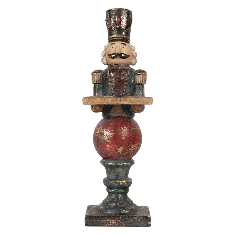 Nostalgische Weihnachtsfigur Nussknacker-Butler auf Kugel mit Tablett Rot-Petrol Polyresin 10x9x29 cm von Clayre & Eef (6PR6453)