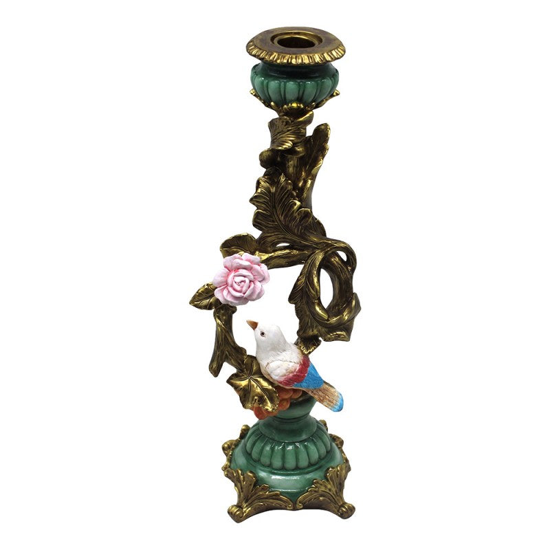 Barock-Kerzenständer Singvogel & Rose Jadegrün-Gold 12x9x34 cm Polyresin für Stabkerzen von Clayre & Eef (6PR6466)