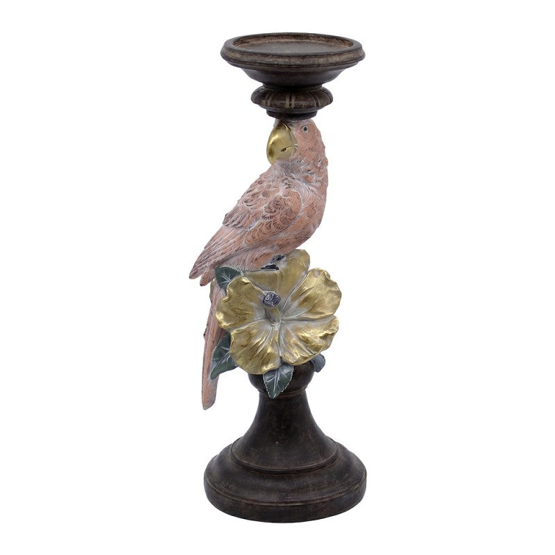 Polyresin-Kerzenständer Papagei & Hibiskusblüte Dunkelbraun-Rosa 13x13x33 cm für Kerzen von Clayre & Eef (6PR6467)