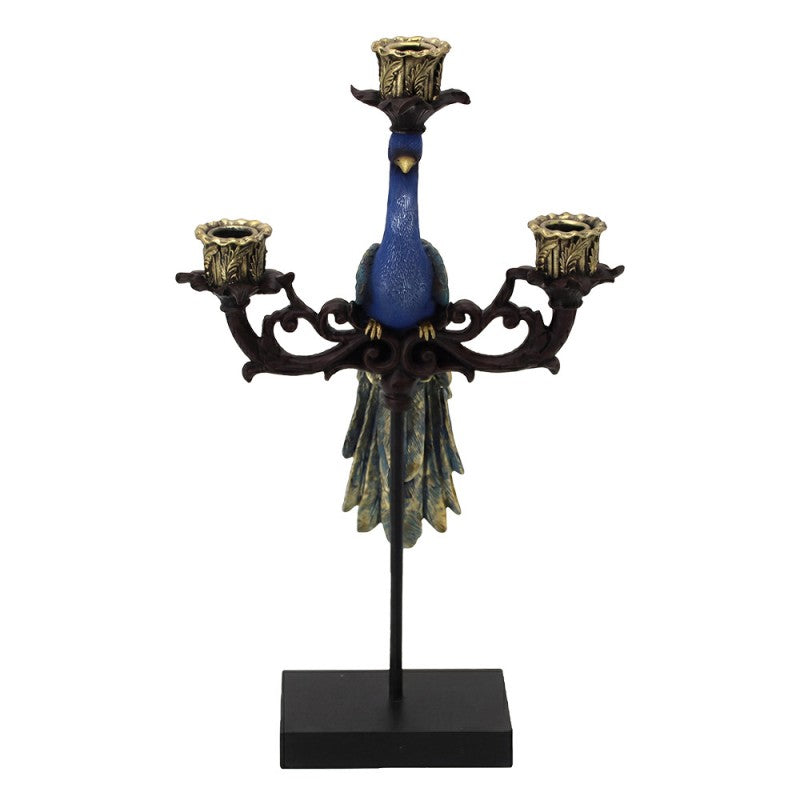 3-flammiger Kerzenständer Pfau mit Voluten Blau-Gold 25x10x42 cm für Stabkerzen von Clayre & Eef (6PR6472)