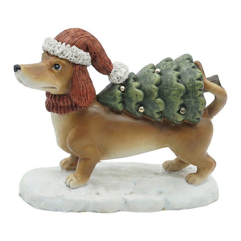 Weihnachtsfigur Hund Dackel mit Tannenbaum auf Schneesockel Polyresin Braun Grün 12x5x9 cm von Clayre & Eef (6PR6505)