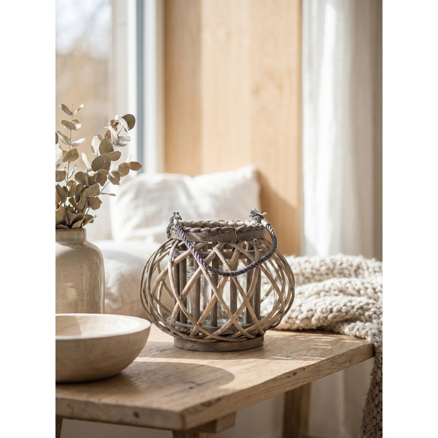 Holz- & Weiden-Windlicht Bauchig mit Glaseinsatz Grau Ø 28x20 cm von Clayre & Eef (6RO0383S)