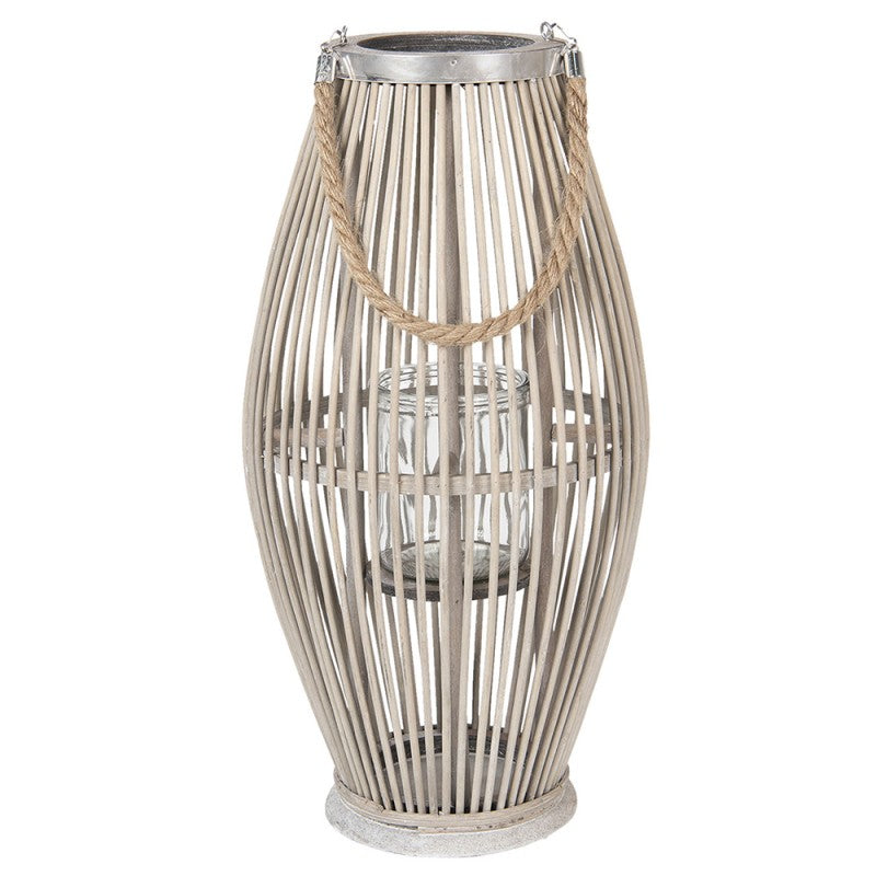 Holz- & Weiden-Windlicht Säulenform mit Glaseinsatz Grau Groß Ø 25x50 cm von Clayre & Eef (6RO0470L)