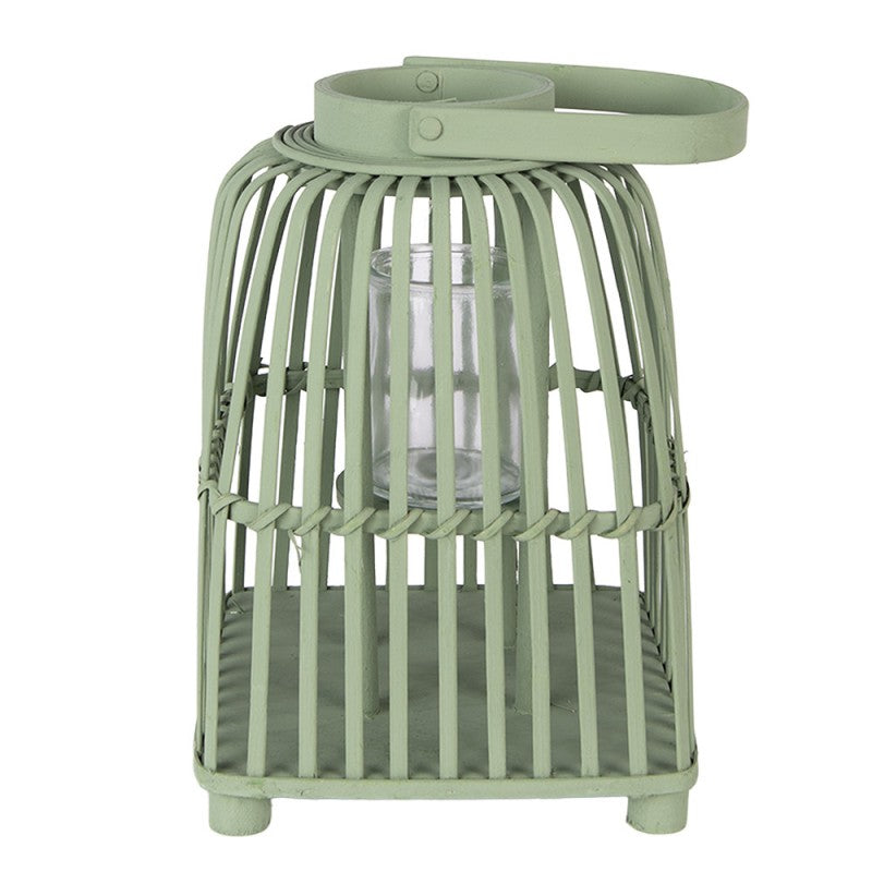 Rattan-Windlicht Käfigform mit Glaseinsatz Salbeigrün Groß 24x24x36 cm von Clayre & Eef (6RO0612L)