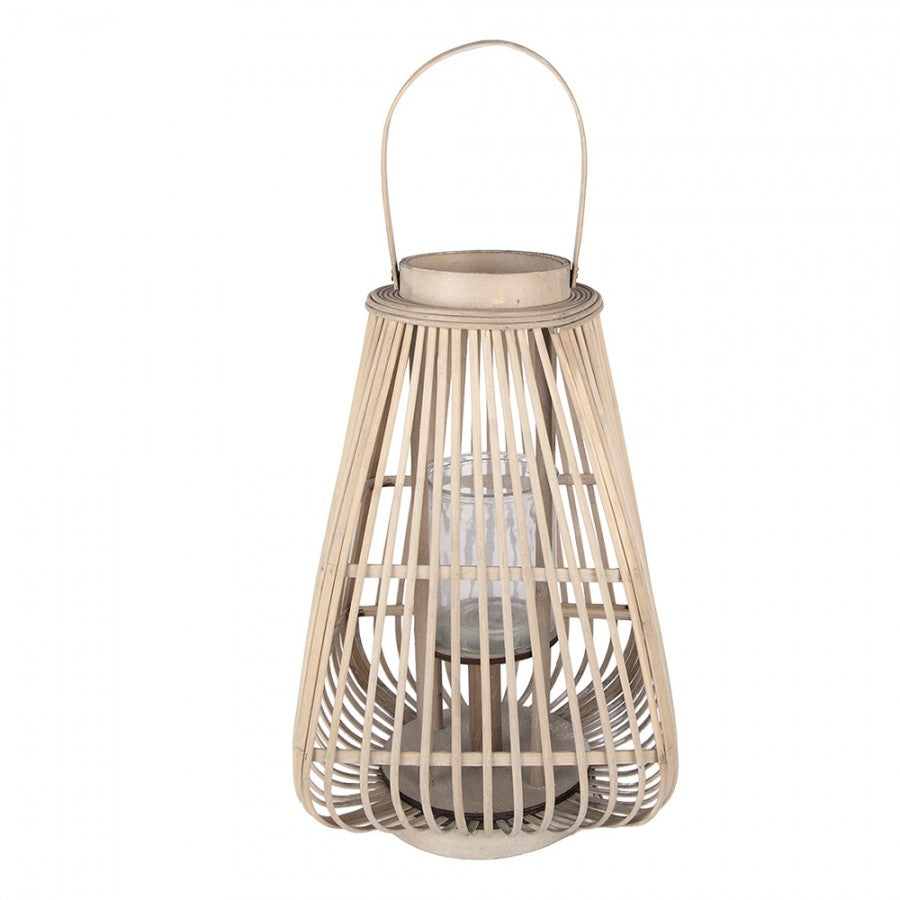 Rattan-Windlicht Konisch mit Glaseinsatz Naturbeige Groß 27x27x42 cm von Clayre & Eef (6RO0614L)