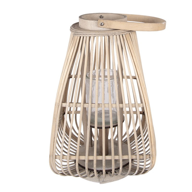 Rattan-Windlicht Konisch mit Glaseinsatz Naturbeige Groß 27x27x42 cm von Clayre & Eef (6RO0614L)