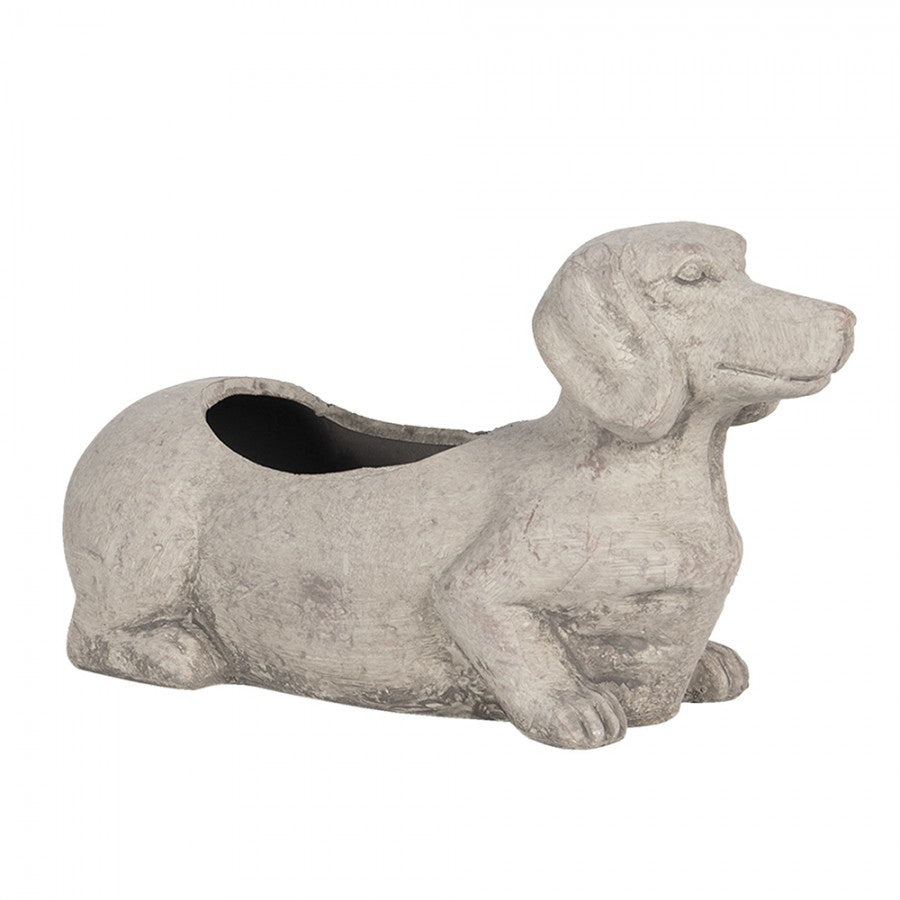 Clayre & Eef Blumentopf Hund Dackel 24x9x13 cm Grau – Steinguss Tierfigur (6TE0305)