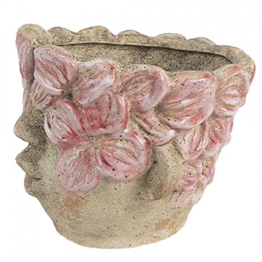 Clayre & Eef Blumentopf Ø 18x15 cm Beige Kinder-Kopf mit Blumen – Steinguss Pflanztopf (6TE0583)