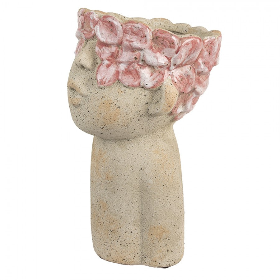 Clayre & Eef Pflanzvase 16x15x25 cm Beige Kinderkopf mit Blumen – Steinguss Amphore (6TE0584M)