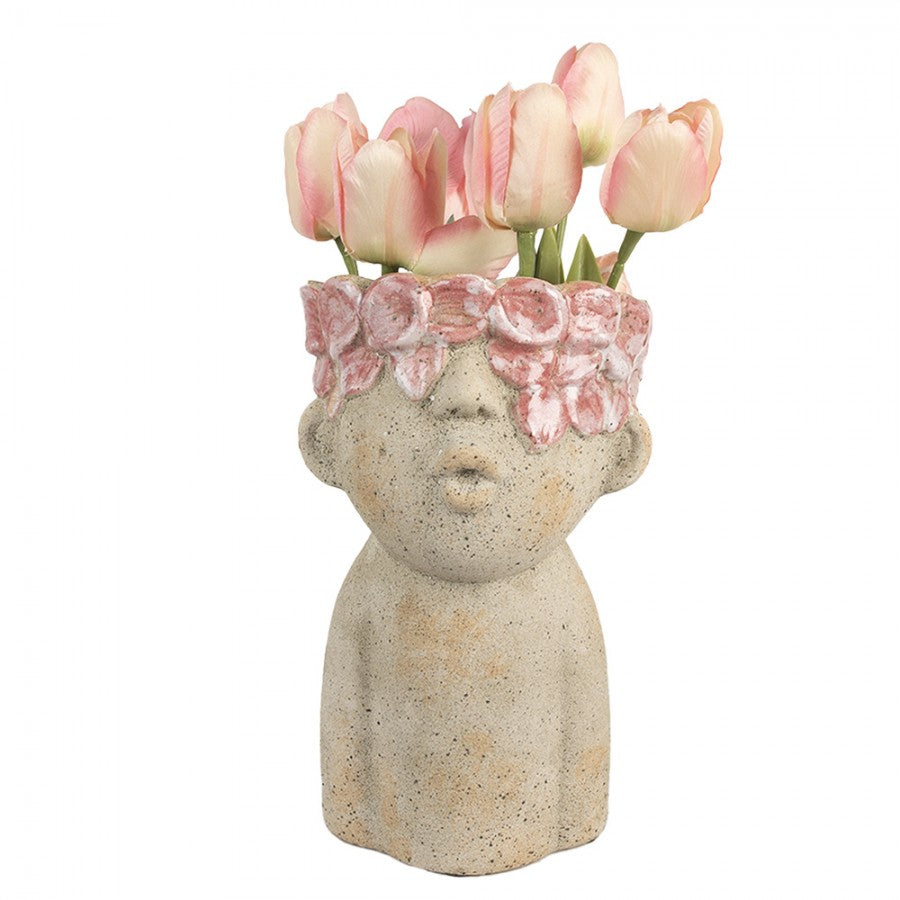 Clayre & Eef Pflanzvase 16x15x25 cm Beige Kinderkopf mit Blumen – Steinguss Amphore (6TE0584M)
