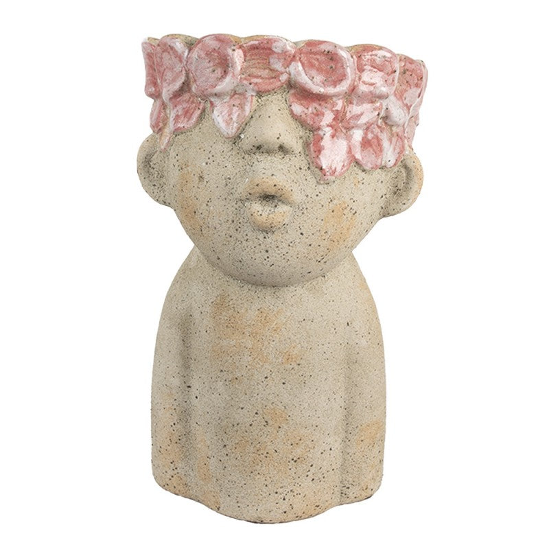 Clayre & Eef Pflanzvase 16x15x25 cm Beige Kinderkopf mit Blumen – Steinguss Amphore (6TE0584M)