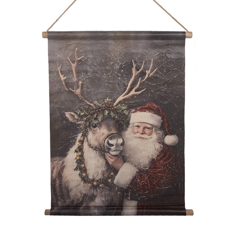 Clayre & Eef Canvas-Wandbehang „Weihnachtsmann mit Rentier “ mit Holzleisten, 55x3x75 cm (6WK0052)