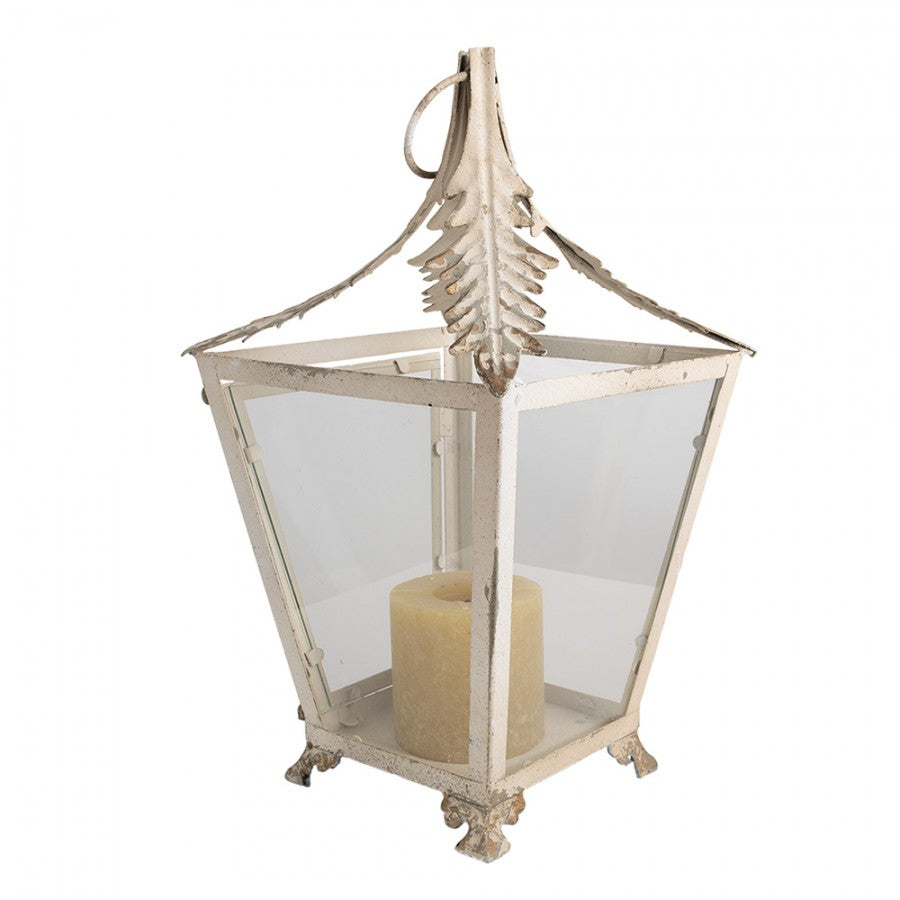 Französische Shabby-Chic Metall-Laterne mit Blattornament-Dach Beige 26x26x47 cm von Clayre & Eef (6Y5585)