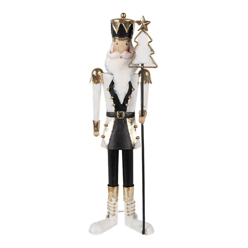 Moderne Weihnachtsfigur Nussknacker mit Tannenbaum Schwarz-Weiß-Gold Metall 12x10x36 cm von Clayre & Eef (6Y5603)