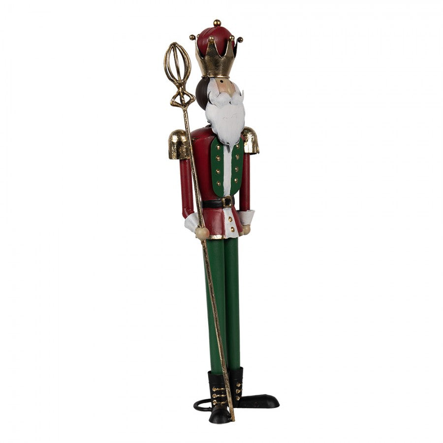 Traditionelle Weihnachtsfigur Nussknacker-König mit Zepterstab Rot-Grün-Gold Metall 11x8x36 cm von Clayre & Eef (6Y5610)