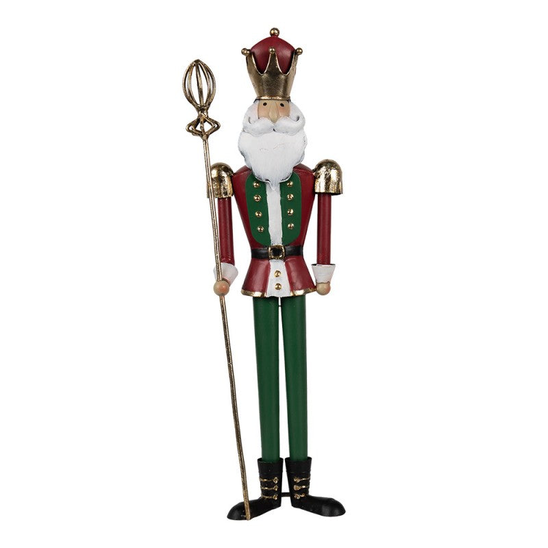 Traditionelle Weihnachtsfigur Nussknacker-König mit Zepterstab Rot-Grün-Gold Metall 11x8x36 cm von Clayre & Eef (6Y5610)