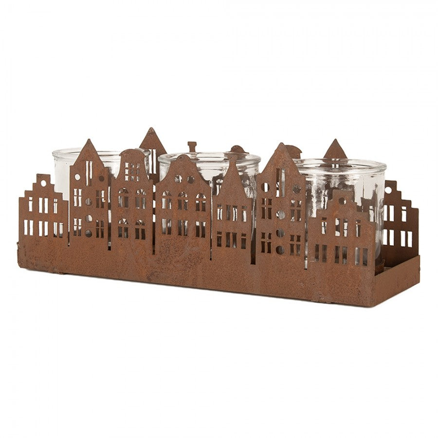 Clayre & Eef Teelichthalter Haeuserzeile 3-flammig Graechtenhaeuser Rostoptik 3 Glaeser 30x9x11 cm (6Y5783)