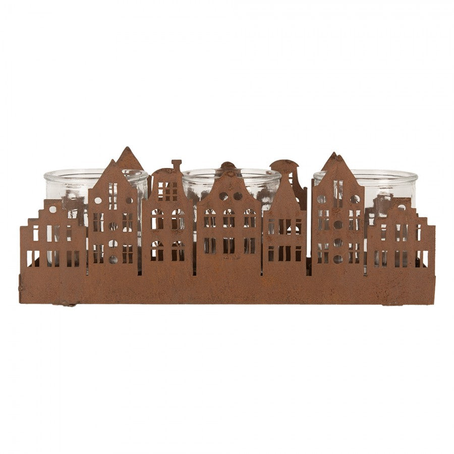 Clayre & Eef Teelichthalter Haeuserzeile 3-flammig Graechtenhaeuser Rostoptik 3 Glaeser 30x9x11 cm (6Y5783)