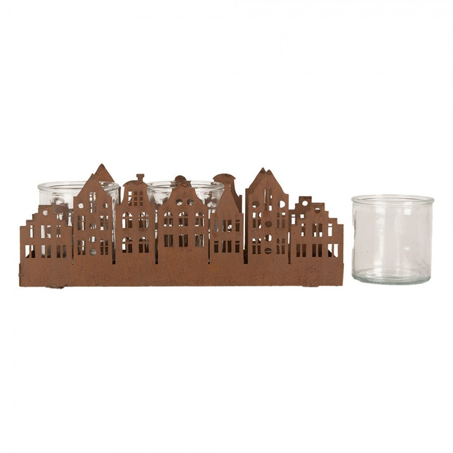 Clayre & Eef Teelichthalter Haeuserzeile 3-flammig Graechtenhaeuser Rostoptik 3 Glaeser 30x9x11 cm (6Y5783)