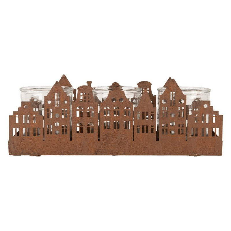 Clayre & Eef Teelichthalter Haeuserzeile 3-flammig Graechtenhaeuser Rostoptik 3 Glaeser 30x9x11 cm (6Y5783)