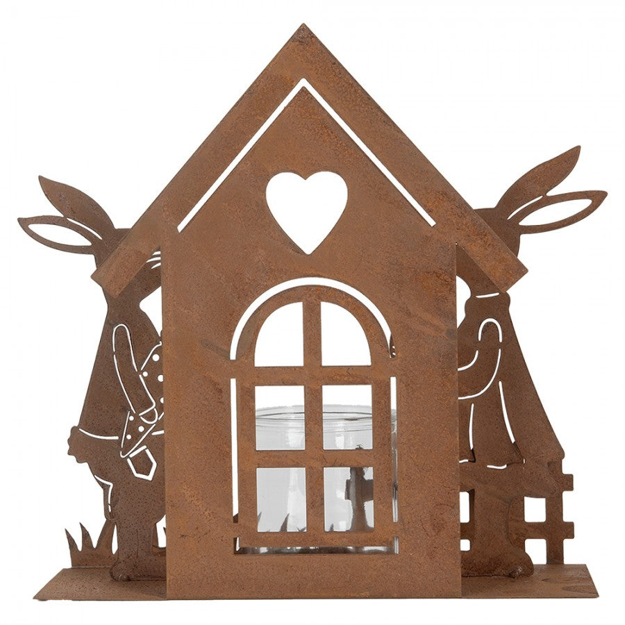 Clayre & Eef Teelichthalter Windlicht Edelrost Metall Osterhasenpaar am Haeuschen mit Glaseinsatz 26x9x26 cm (6Y5786)