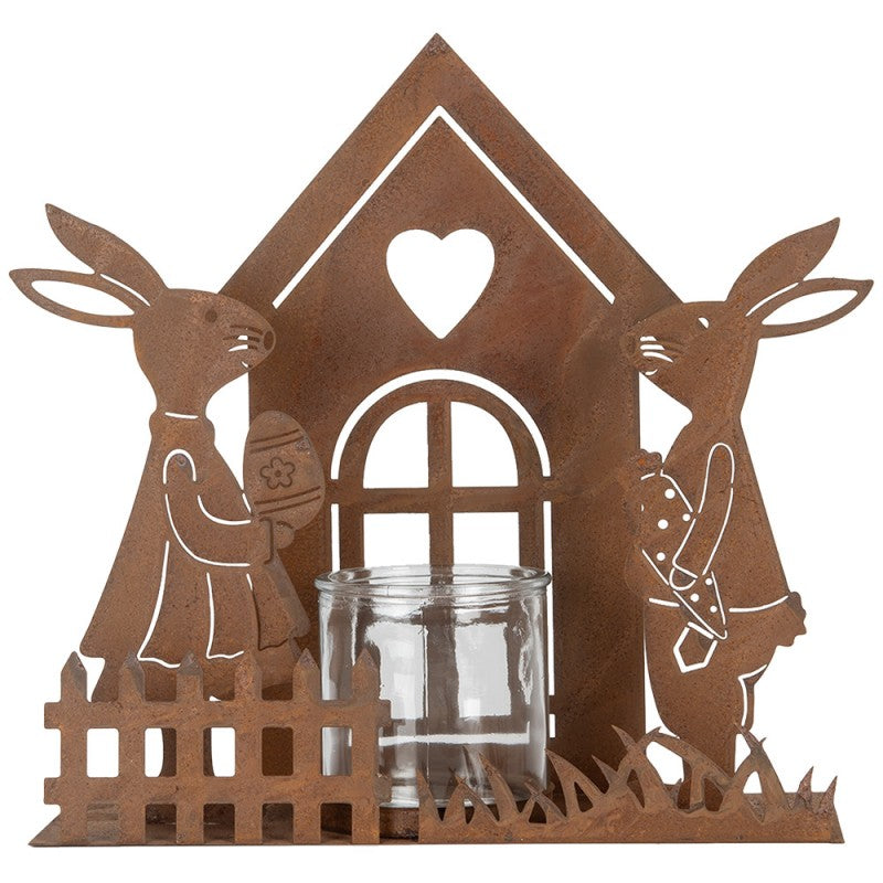 Clayre & Eef Teelichthalter Windlicht Edelrost Metall Osterhasenpaar am Haeuschen mit Glaseinsatz 26x9x26 cm (6Y5786)