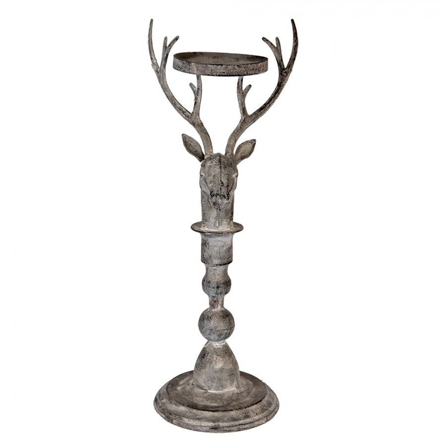 Vintage-Metall-Kerzenständer Hirschkopf Antikgrau 17x14x42 cm für Stumpenkerzen von Clayre & Eef (6Y5838)