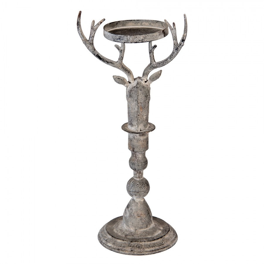 Vintage-Metall-Kerzenständer Hirschkopf Antikgrau 17x14x42 cm für Stumpenkerzen von Clayre & Eef (6Y5838)