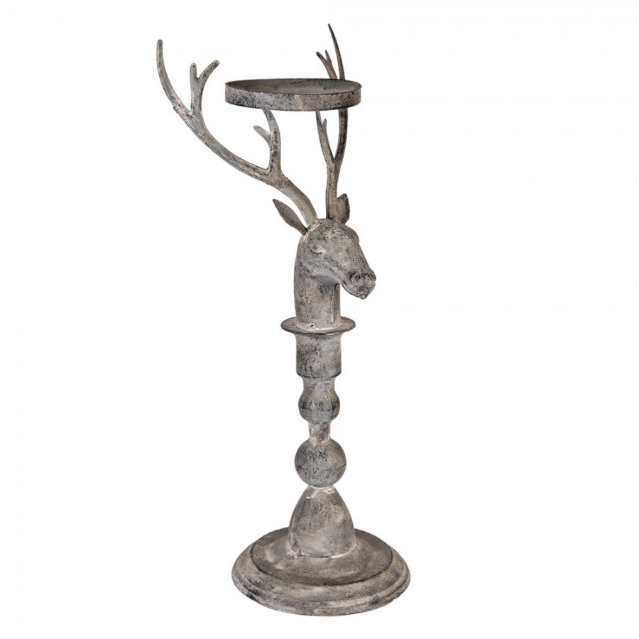 Vintage-Metall-Kerzenständer Hirschkopf Antikgrau 17x14x42 cm für Stumpenkerzen von Clayre & Eef (6Y5838)