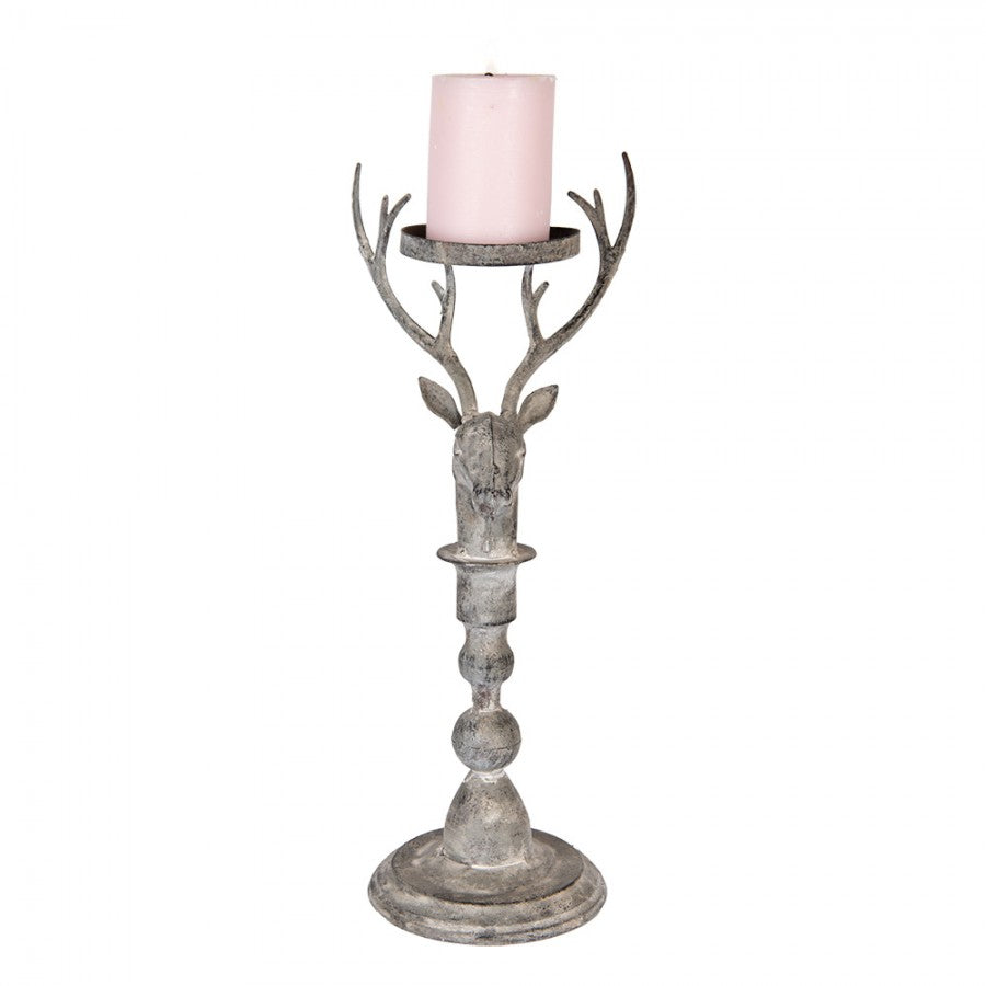 Vintage-Metall-Kerzenständer Hirschkopf Antikgrau 17x14x42 cm für Stumpenkerzen von Clayre & Eef (6Y5838)