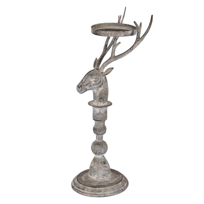 Vintage-Metall-Kerzenständer Hirschkopf Antikgrau 17x14x42 cm für Stumpenkerzen von Clayre & Eef (6Y5838)