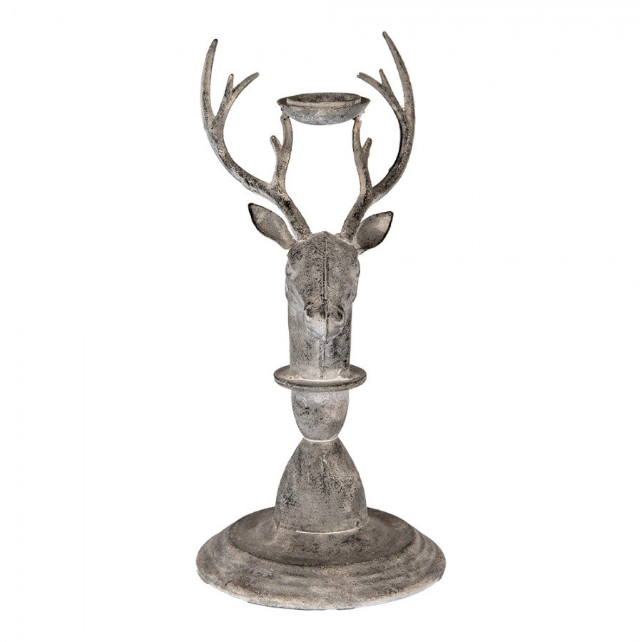 Vintage-Metall-Kerzenständer Hirschkopf Antikgrau 17x14x30 cm für Stabkerzen von Clayre & Eef (6Y5839)