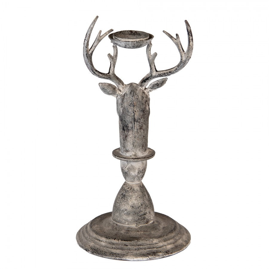 Vintage-Metall-Kerzenständer Hirschkopf Antikgrau 17x14x30 cm für Stabkerzen von Clayre & Eef (6Y5839)